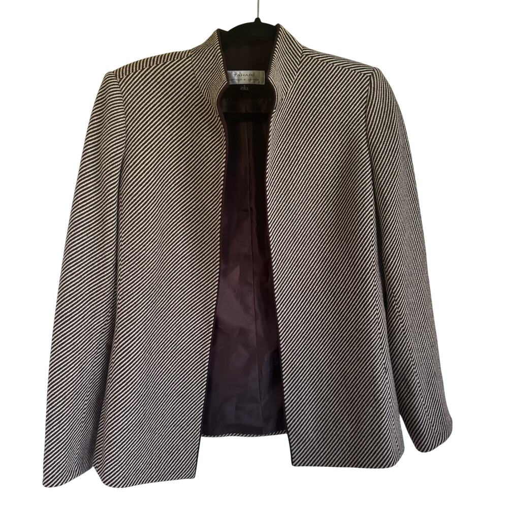 Tahari ASL Brown Cream Herringbone Striped Open Front Blazer Jacket Size 8